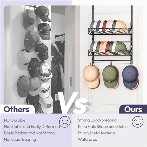 Over Door Hat Organizer Baseball Cap Rack Wall Mounted Storage Holds 29 Hats - Picture 4 of 7